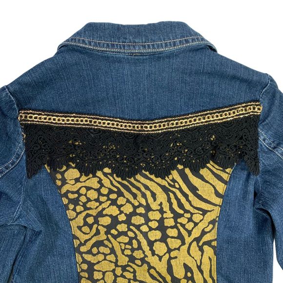 Elegant Boho Denim Jacket Black Lace Gold Chain Rockstar Y2K Goth Glam - Picture 10 of 16